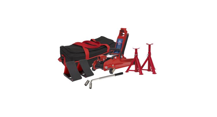 Sealey Trolley Jack 2tonne Low Entry Short Chassis - Red and Accessories Bag Combo 1020LEBAGCOMBO