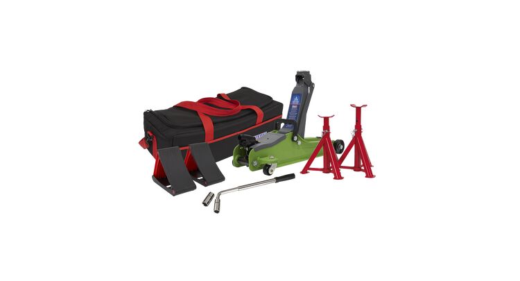 Sealey Trolley Jack 2tonne Low Entry Short Chassis - Hi-Green and Accessories Bag Combo 1020LEHVBAGCOMBO