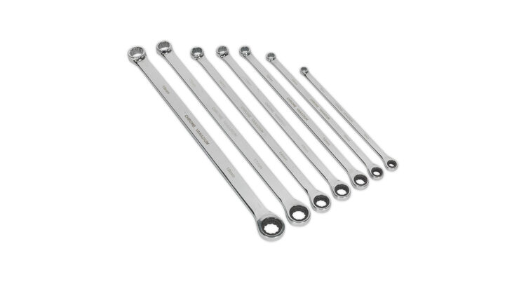 Sealey AK6319 Double Ring Ratchet/Fixed Spanner Set 7pc Extra-Long Metric