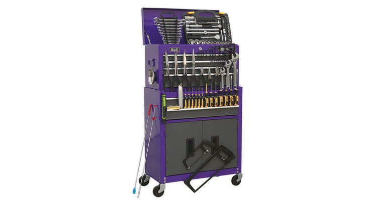 Sealey AP2200COMBOCP Topchest & Rollcab Combination 6 Drawer with Ball Bearing Slides - Purple/Grey & 128pc Tool Kit