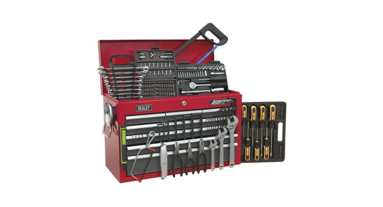 Sealey AP22509BBCOMB Topchest 9 Drawer with Ball Bearing Slides - Red/Grey & 205pc Tool Kit