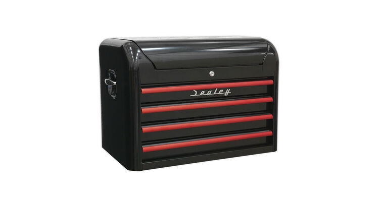 Sealey AP28104BR Topchest 4 Drawer Retro Style - Black with Red Anodised Drawer Pulls