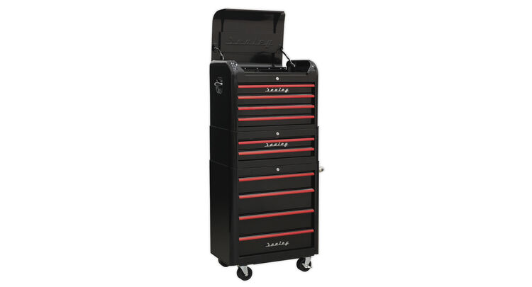 Sealey AP28COMBO2BR Retro Style Topchest, Mid-Box & Rollcab Combination 10 Drawer - Black with Red Anodised Drawer Pulls