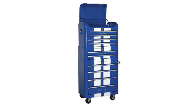Sealey AP28COMBO2BWS Retro Style Topchest, Mid-Box & Rollcab Combination 10 Drawer Blue/White Stripes