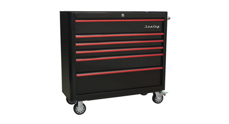 Sealey AP41206BR Rollcab 6 Drawer Wide Retro Style - Black with Red Anodised Drawer Pulls