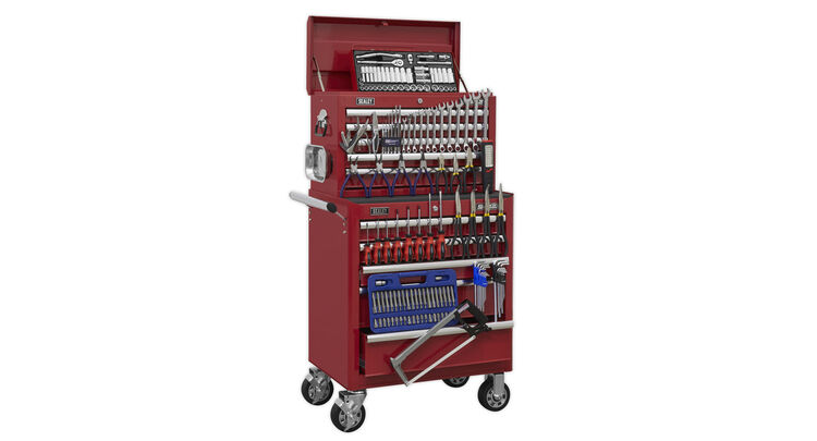 Sealey APCOMBOBBTK55 Topchest & Rollcab Combination 10 Drawer with Ball Bearing Slides - Red & 147pc Tool Kit