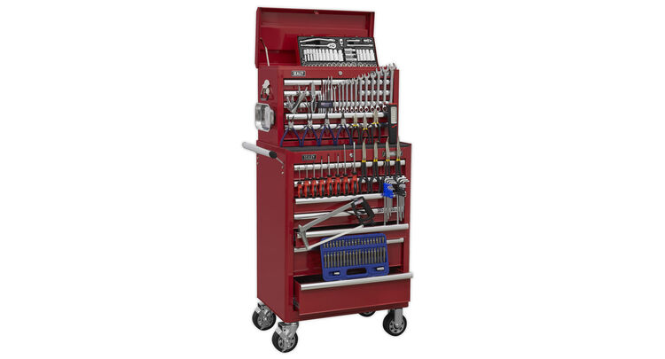 Sealey APCOMBOBBTK57 Topchest & Rollcab Combination 15 Drawer with Ball Bearing Slides - Red & 147pc Tool Kit
