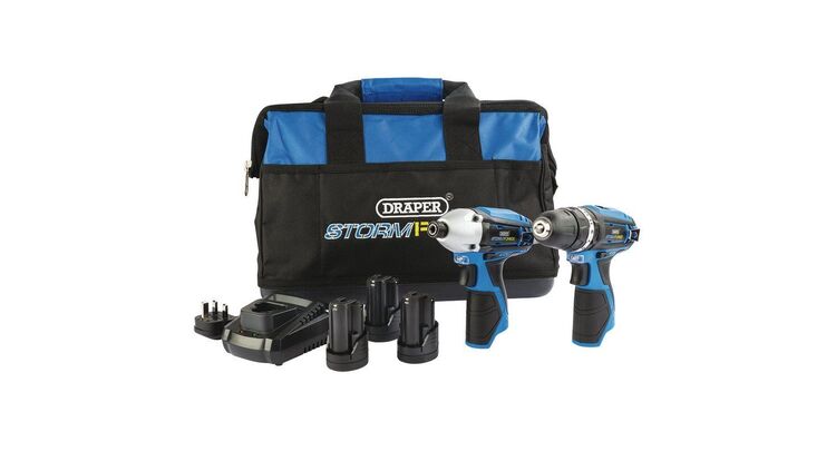 Draper 52046 Storm Force&#174; 10.8V Power Interchange Drill and Driver Twin Kit (+3 x 1.5Ah Batteries, Charger and Bag)