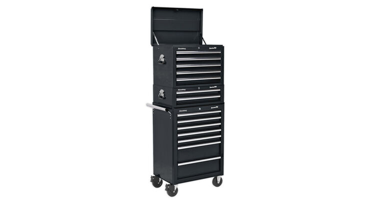 Sealey APSTACKTB Topchest, Mid-Box & Rollcab Combination 14 Drawer with Ball Bearing Slides - Black