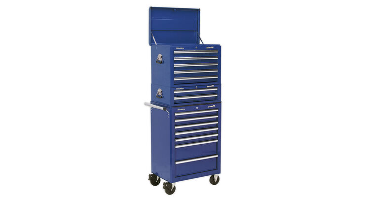 Sealey APSTACKTC Topchest, Mid-Box & Rollcab Combination 14 Drawer with Ball Bearing Slides - Blue