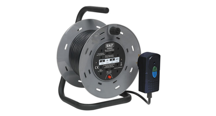 Sealey BCR25RCD Cable Reel 25m 4 x 230V 1.25mm² Thermal Trip with RCD Plug