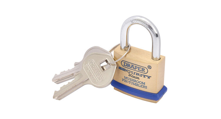 Draper 64160 30mm Solid Brass Padlock and 2 Keys with Mushroom Pin Tumblers Hardened Steel Shackle and Bumper
