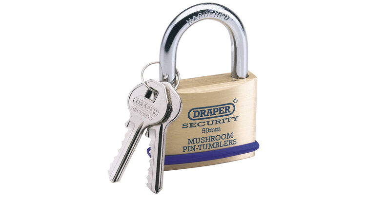 Draper 64162 50mm Solid Brass Padlock and 2 Keys with Mushroom Pin Tumblers Hardened Steel Shackle and Bumper