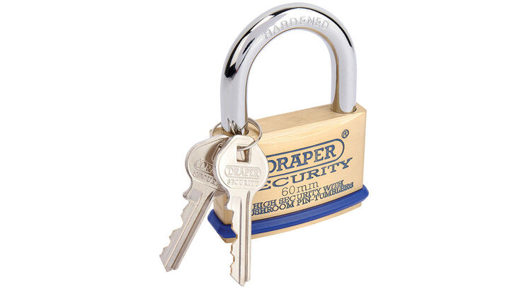 Draper 64163 60mm Solid Brass Padlock and 2 Keys with Mushroom Pin Tumblers Hardened Steel Shackle and Bumper