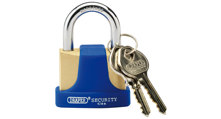 Draper 64165 42mm Solid Brass Padlock and 2 Keys with Hardened Steel Shackle and Bumper
