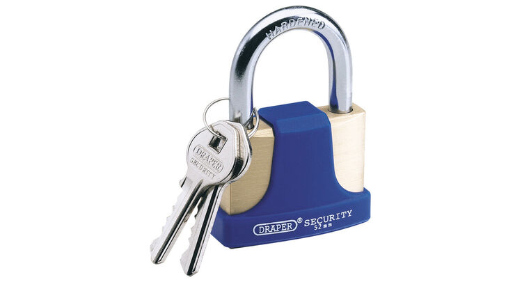 Draper 64166 52mm Solid Brass Padlock and 2 Keys with Hardened Steel Shackle and Bumper