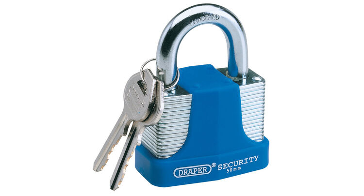 Draper 64180 40mm Laminated Steel Padlock and 2 Keys with Hardened Steel Shackle and Bumper