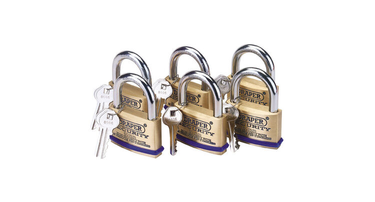 Draper 67663 Pack of 6 x 60mm Solid Brass Padlocks with Hardened Steel Shackle
