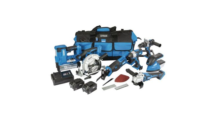 Draper 90473 D20 20V Jumbo Kit (7 Piece) (+1 x 3Ah Batteries, 1 x 5Ah Battery, Charger and Wheeled Tool Bag)