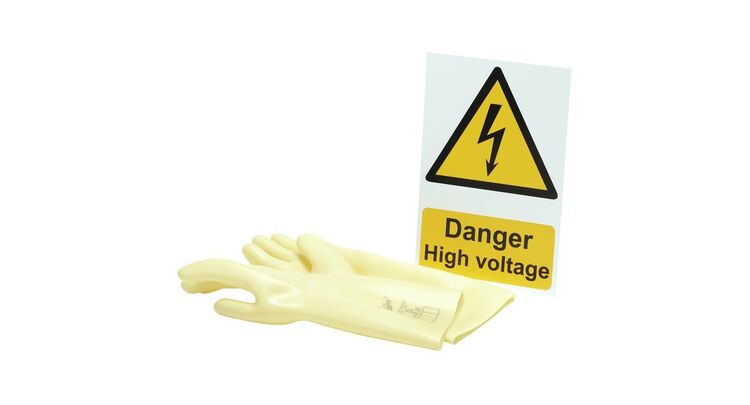 Draper 99715 Electrical Insulating Gloves and 'Danger High Voltage' Hazard Sign