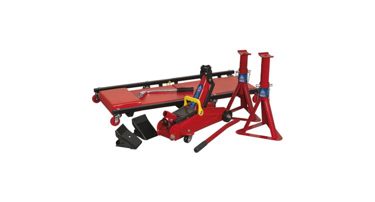 Sealey JKIT01 Lifting Kit 5pc 2tonne (Inc Jack, Axle Stands, Creeper, Chocks & Wrench)