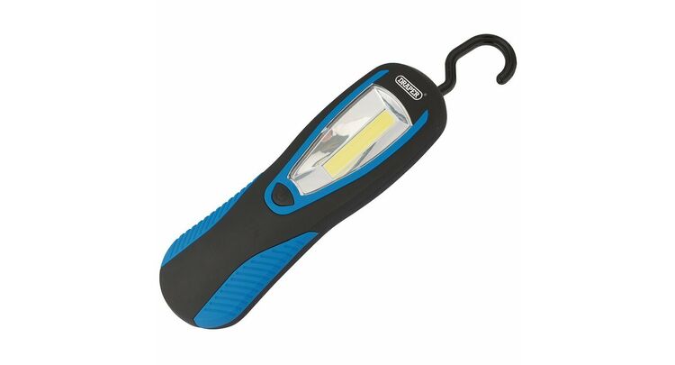 Draper 94507 COB LED Work Light with Magnetic Back and Hanging Hook, 3W, 200 Lumens, Blue, 3 x AA Batteries Supplied