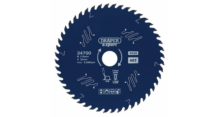 Draper 34700 Draper Expert TCT Circular Saw Blade for Wood with PTFE Coating, 216 x 30mm, 48T