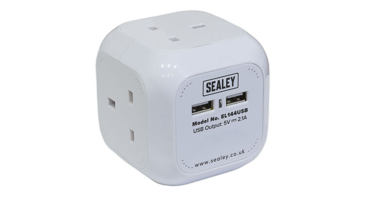 Sealey EL144USB Extension Cable Cube 1.4m 4 x 230V + 2 x USB Sockets - White