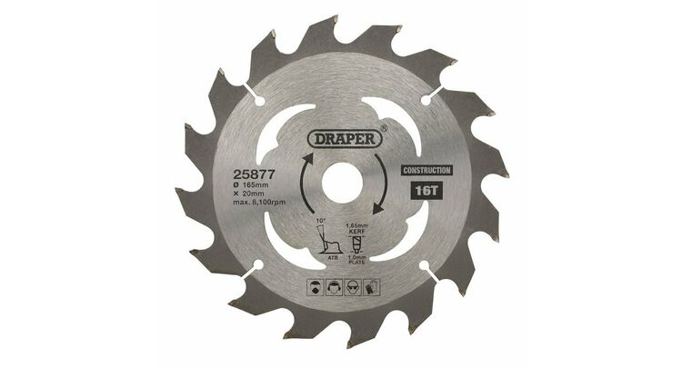 Draper 25877 TCT Cordless Construction Circular Saw Blade for Wood & Composites, 165 x 20mm, 16T