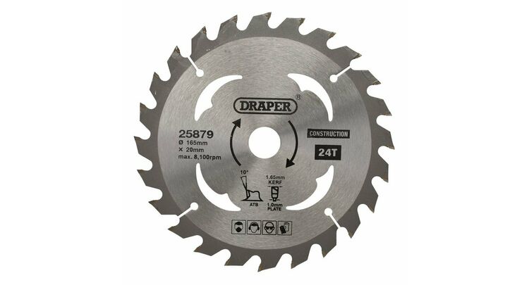 Draper 25879 TCT Cordless Construction Circular Saw Blade for Wood & Composites, 165 x 20mm, 24T
