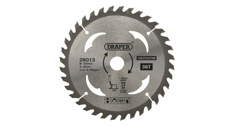 Draper 26013 TCT Cordless Construction Circular Saw Blade for Wood & Composites, 165 x 20mm, 36T