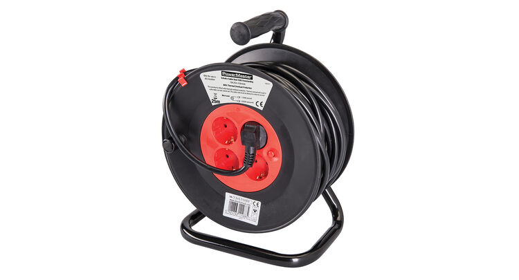 Powermaster European Type F Schuko Cable Reel 230V - 16A 25m 4 CEE 7/4 Sockets