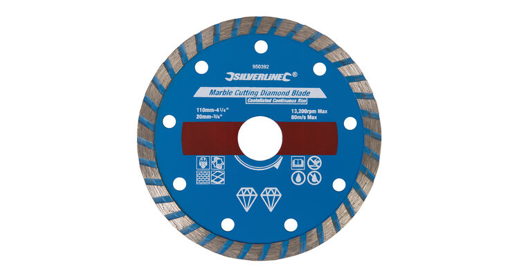 Silverline Marble Cutting Diamond Blade - 110 x 20mm Castellated Continuous Rim