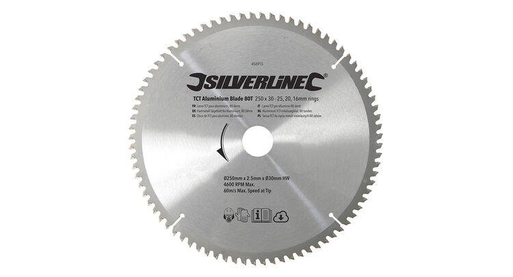 Silverline TCT Aluminium Blade 80T - 250 x 30 - 25, 20, 16mm Rings