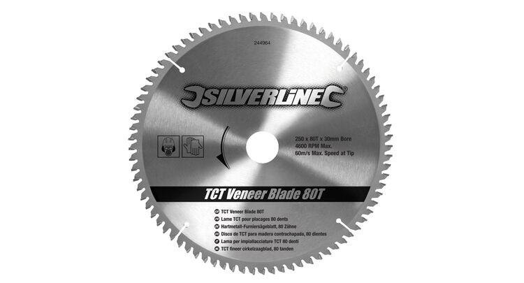 Silverline TCT Veneer Blade 80T - 250 x 30 - 25, 20, 16mm Rings