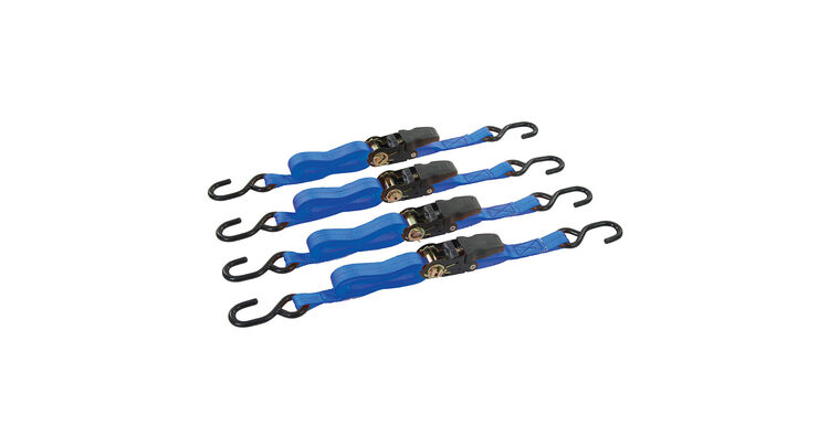 Silverline Rubber-Handled Ratchet Tie Down Strap S-Hook 4pk 4m x 25mm Rated 350kg Capacity 700kg