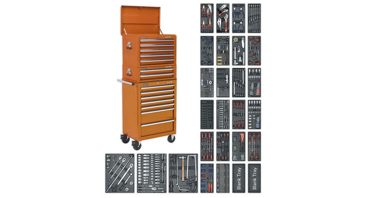 Sealey SPTOCOMBO1 Tool Chest Combination 14 Drawer with Ball Bearing Slides - Orange & 1179pc Tool Kit