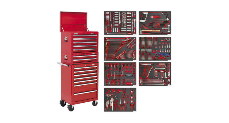 Sealey TBTPCOMBO1 Tool Chest Combination 14 Drawer with Ball Bearing Slides - Red & 446pc Tool Kit