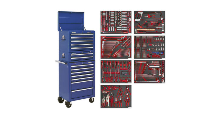 Sealey TBTPCOMBO5 Tool Chest Combination 14 Drawer with Ball Bearing Slides - Blue & 446pc Tool Kit
