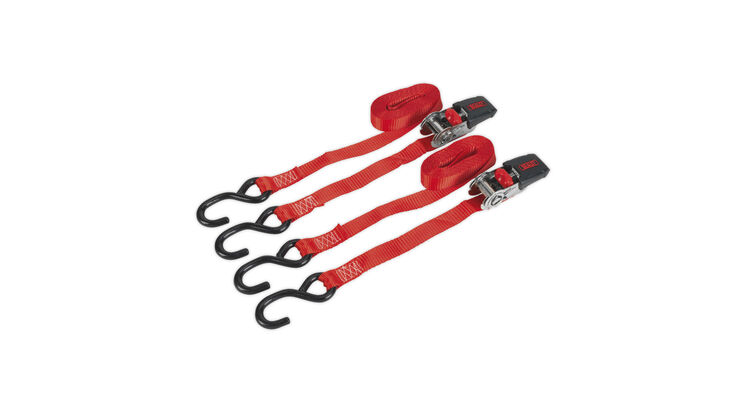 Sealey TD284SD Ratchet Tie Down 25mm x 4m Polyester Webbing with S Hooks 800kg Load Test - Pair