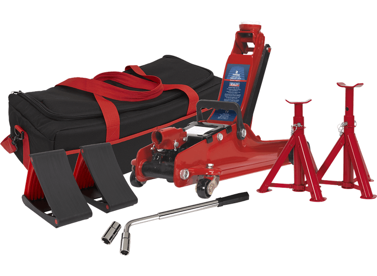 Sealey Trolley Jack 2tonne Low Entry Short Chassis - Red and Accessories Bag Combo 1020LEBAGCOMBO
