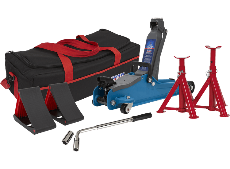 Sealey Trolley Jack 2tonne Low Entry Short Chassis - Blue and Accessories Bag Combo 1020LEBBAGCOMBO