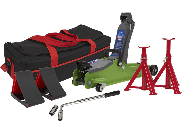 Sealey Trolley Jack 2tonne Low Entry Short Chassis - Hi-Green and Accessories Bag Combo 1020LEHVBAGCOMBO