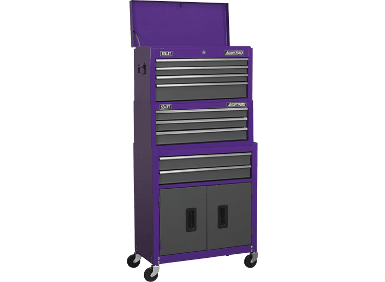 Sealey Topchest, Mid-Box &amp; Rollcab 9 Drawer Stack - Purple AP2200BBCPSTACK