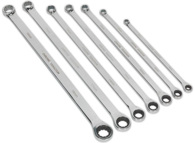 Sealey AK6319 Double Ring Ratchet/Fixed Spanner Set 7pc Extra-Long Metric