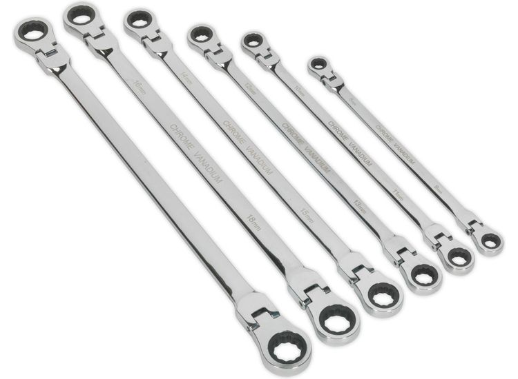 Sealey AK63832 Flexi-Head Double End Ratchet Ring Spanner Set 6pc Extra-Long Metric