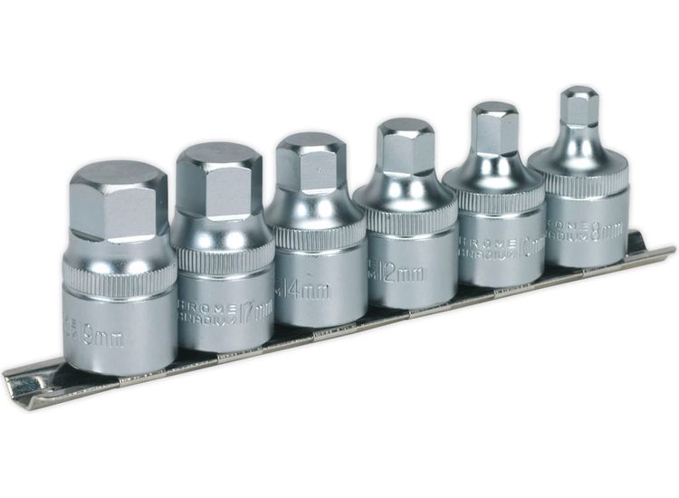 Sealey AK6561 Hex Socket Bit Set with Rail 6pc Stubby 1/2"Sq Drive Metric