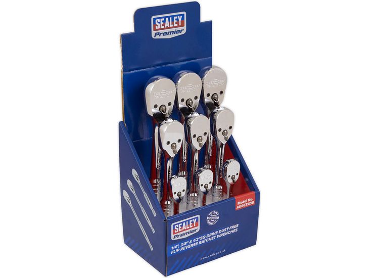 Sealey AK6672DB Ratchet Wrenches 1/4", 3/8" &amp; 1/2"Sq Drive Pear-Head Flip Reverse Display Box of 9