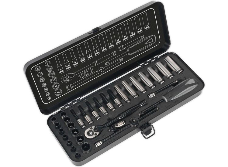 Sealey AK7970 Socket Set 32pc 1/4"Sq Drive 6pt WallDrive&amp;reg; Metric Black Series