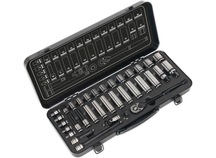 Sealey AK7971 Socket Set 34pc 3/8"Sq Drive 6pt WallDrive&amp;reg; Metric Black Series